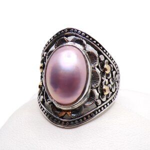 925 Sterling Silver Bali Floral Pink Pearl Ring Size 9